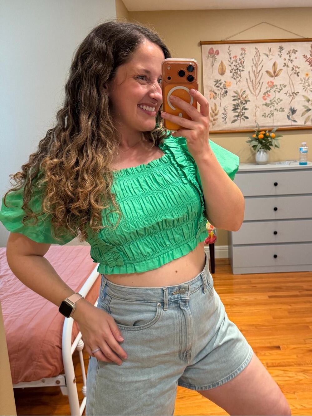 Anthropologie Endless Rose Cotton Green Smocked Puff-Sleeve Crop Top XS